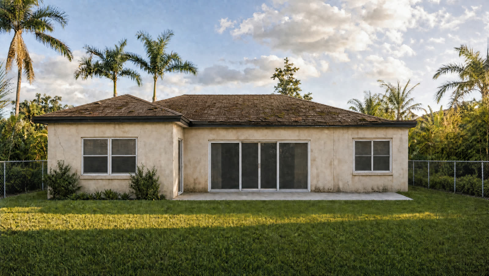 The same backyard before: old shingle roof, aluminum windows, chain-link fence